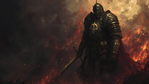 Armored dark knight stands over burning battlefield scene.