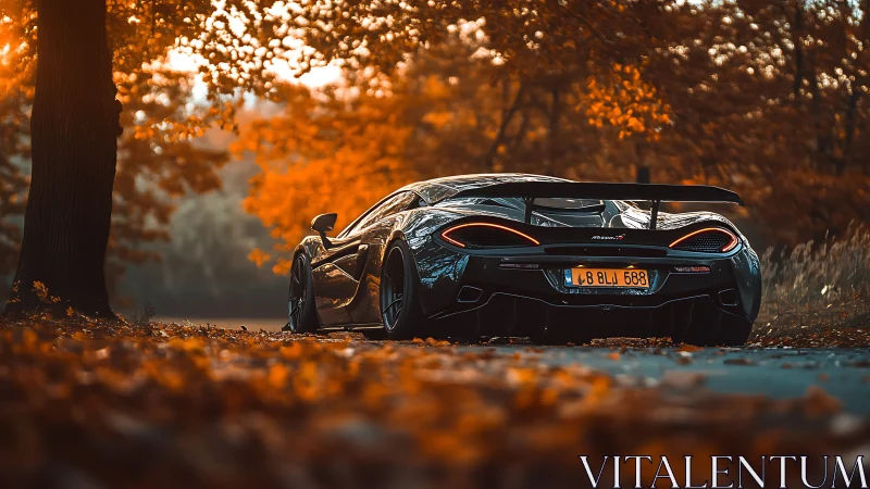 Autumn forest road welcomes a sleek sports car at sunset