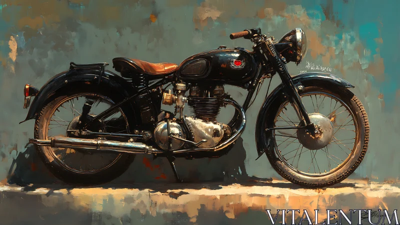 Vintage black motorcycle stands against textured teal wall