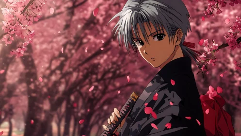 Male anime figure stands with sword among cherry blossoms