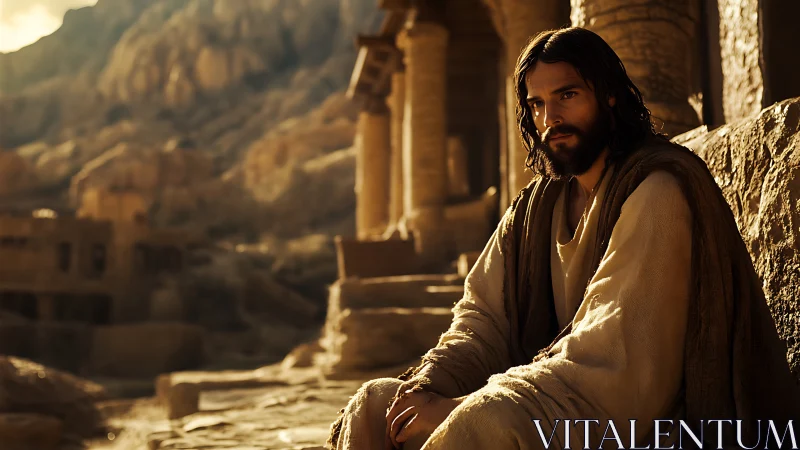 Desert quietude wraps a robed wanderer in molten sunset