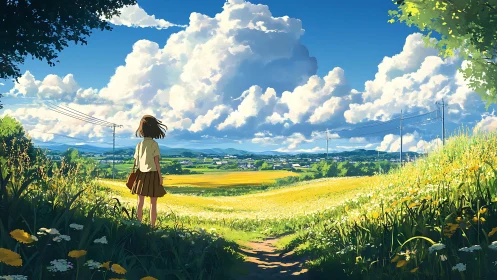Girl stands on sunny hill overlooking rural summer valley.