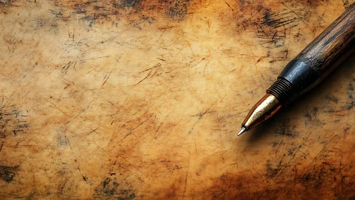 Wooden fountain pen on scratched brown paper surface.