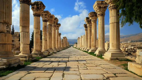 Sunlit ancient colonnade stretches toward distant hills.