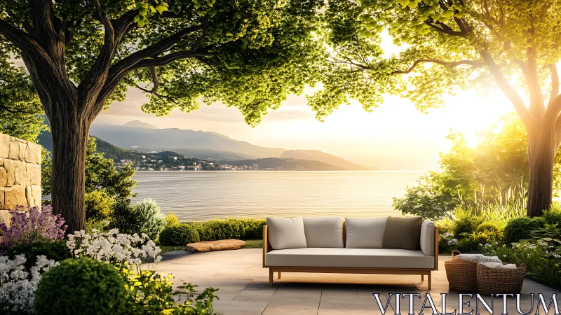 Outdoor seating area overlooks sunlit lake and distant hills
