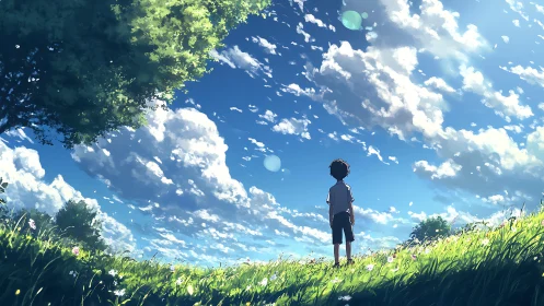 Backlit child studies stratocumulus clouds over luminous meadow