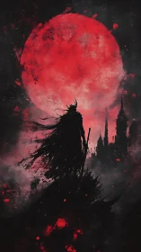 Silhouetted cloaked figure before large red moon and city.