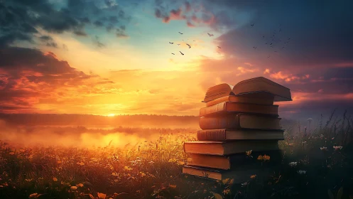Sunset-lit stack of books transforms a misty meadow scene.