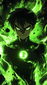Green-lit anime hero stands in blazing energy storm.