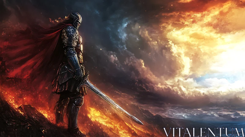 Lone armored knight confronts a burning horizon of stormfire