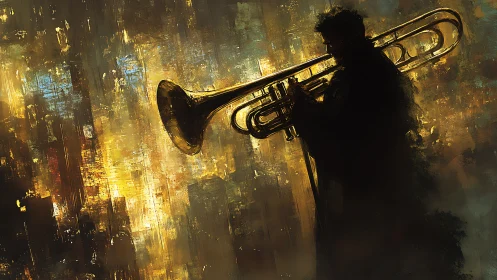 Silhouetted trombone player amid luminous city haze.
