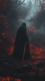 Hooded wanderer haunting a blood-red foglit forest path.
