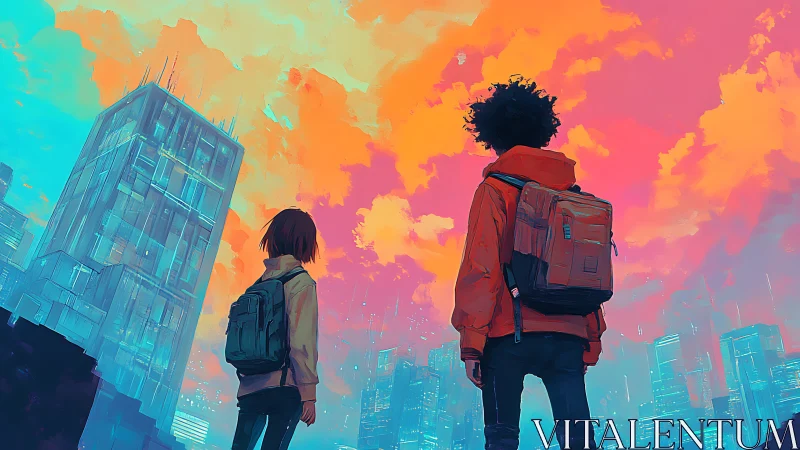 Two backpacked figures facing neon cityscape at dusk.