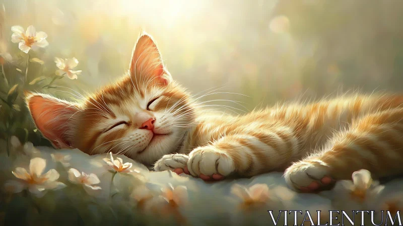 Sunlit ginger kitten rendered in soft-focus digital painting