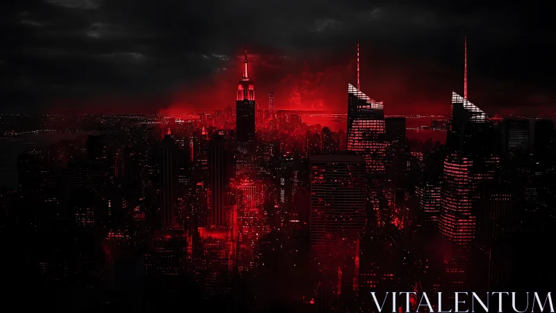 Red-lit city skyline glows under dramatic storm clouds
