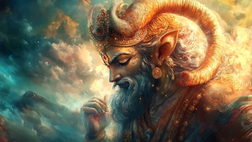 Celestial horned deity contemplates amid swirling cosmic clouds.