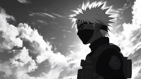 Masked anime warrior silhouette under dramatic cloud sky