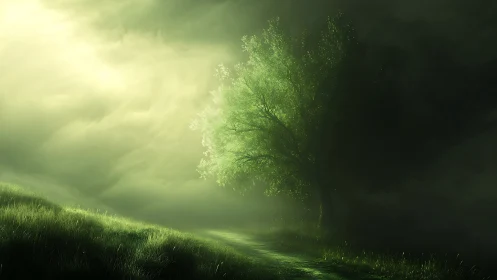 Solitary green tree on misty path in diffuse backlight.