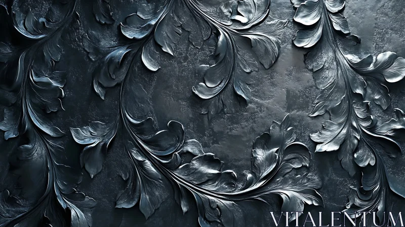 Ornate metallic foliage carving on dark textured wall.