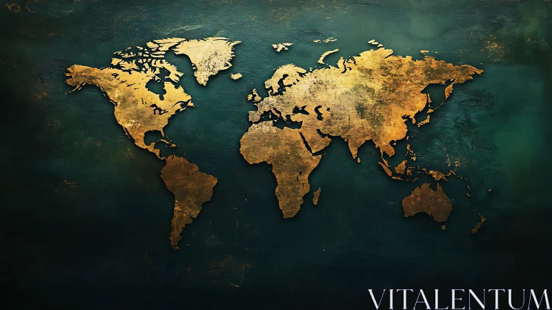 Textured gold world map on dark teal background. Period.