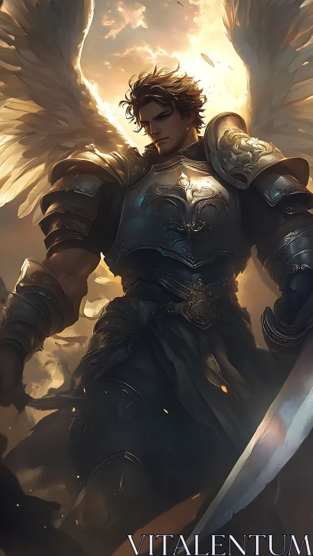 Armored archangel warrior under dramatic backlit clouds