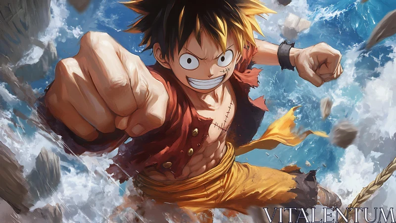 Energetic anime fighter punching forward in midair scene.