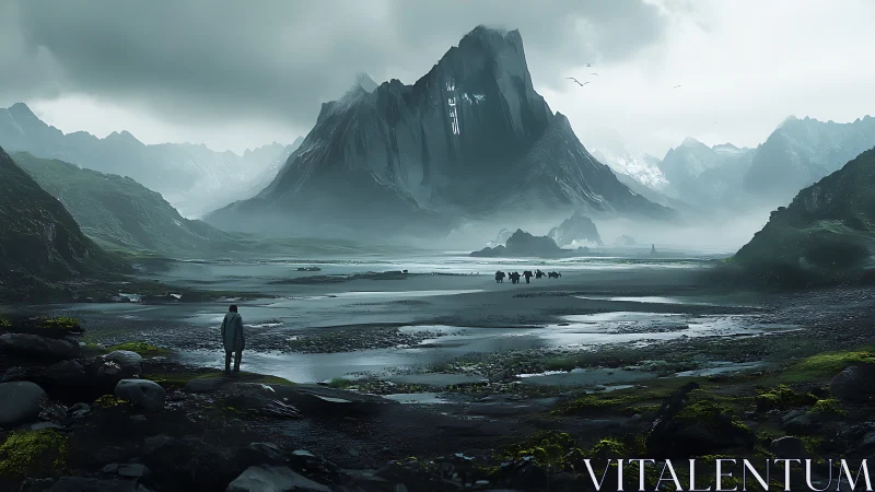 Solitary wanderer before storm-laden monolithic peak.