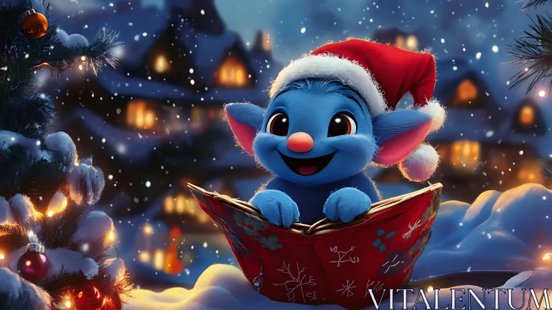 Digital painting of festive blue creature reading in snow.