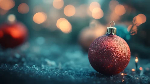 Red Christmas ornament rests on icy surface with blurred lights