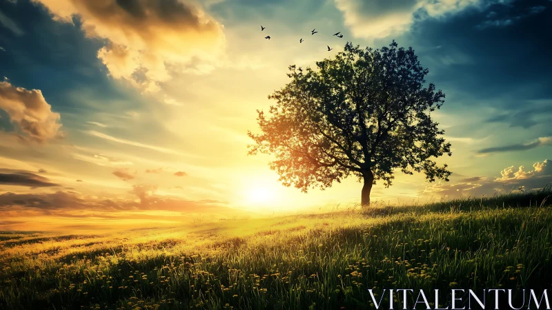 Solitary tree on sunlit meadow under dramatic sky.
