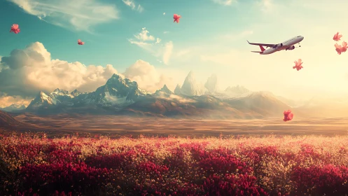 Airliner crossing surreal alpine range above luminous flower plain