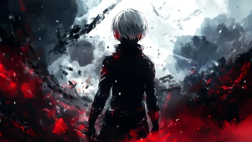White haired lone figure amid swirling red-black chaos.