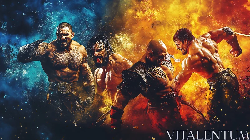 Muscular warriors clash amid dual blue and orange firestorms