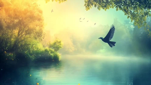 Serene lake at sunrise with flying bird in dreamy, soft-focus style.