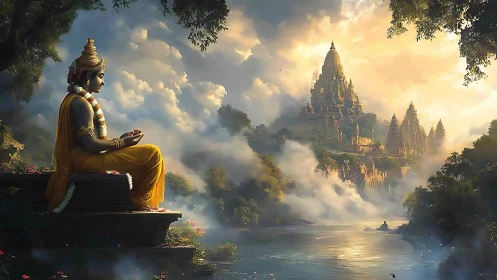 Meditating deity overlooks sunlit river and misty temple city