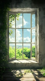 Open rustic window frames bright landscape under clear sky