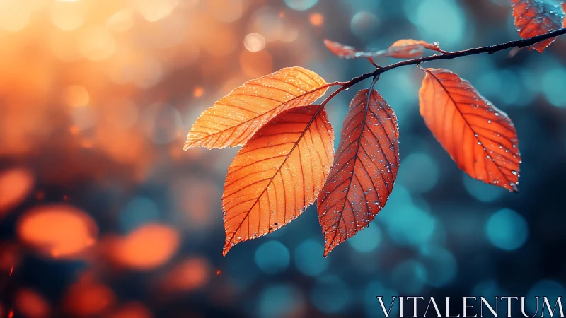 Autumn leaves with dewdrops against soft teal bokeh background.
