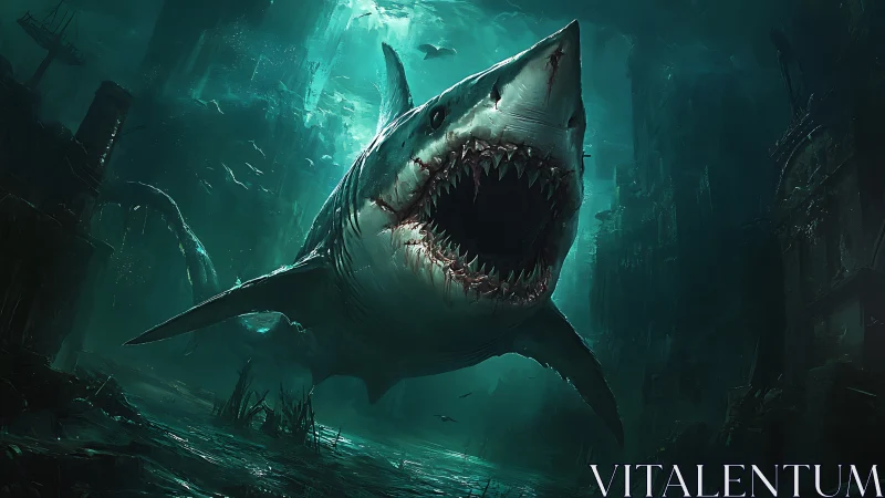 Colossal shark glides through eerie ruins of a lost city.
