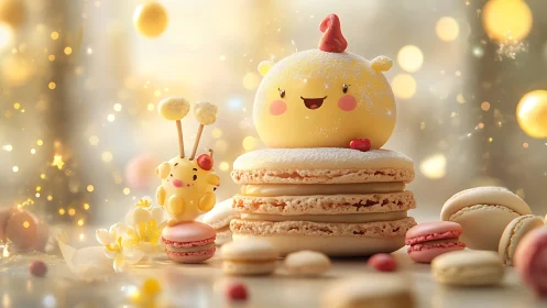 Cheerful Christmas Character Atop Layered Macaron Tower.