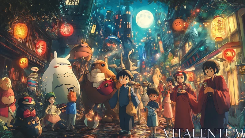 Crowded lantern street depicts humans and creatures at night