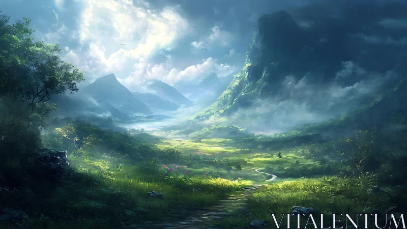 Luminous valley landscape under towering misty mountains.