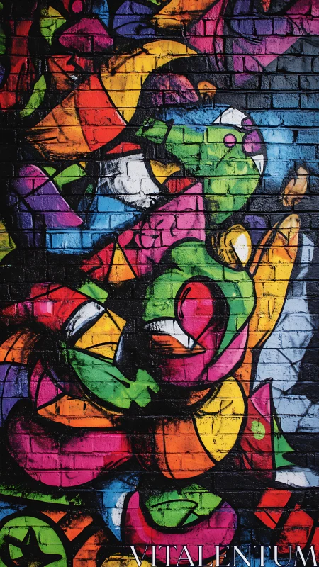 Multicolored abstract graffiti on brick wall surface.