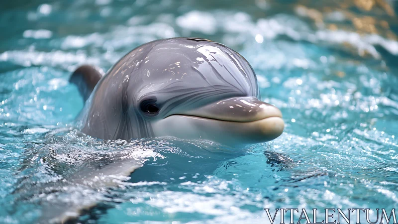 Smiling bottlenose dolphin surfaces in clear turquoise pool
