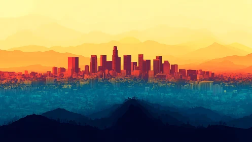 Sunlit city skyline rises over layered mountains and haze
