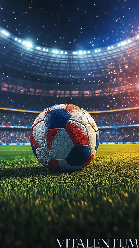 Soccer ball on lit stadium pitch under night sky.