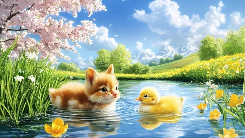 Spring Pastoral: Kitten and Duckling Alpine Landscape Rendering.