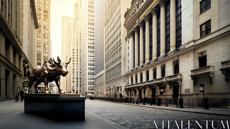 Golden bull statue dominates empty neoclassical financial street