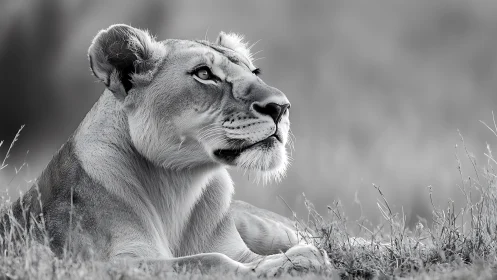 Quiet strength in monochrome lioness watching the plains.