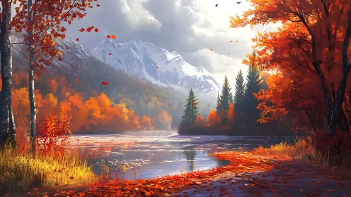 Autumnal riparian corridor beneath snowloaded alpine massif.