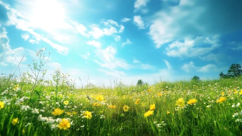 Wildflower meadow leans into a bright, boundless summer sky
